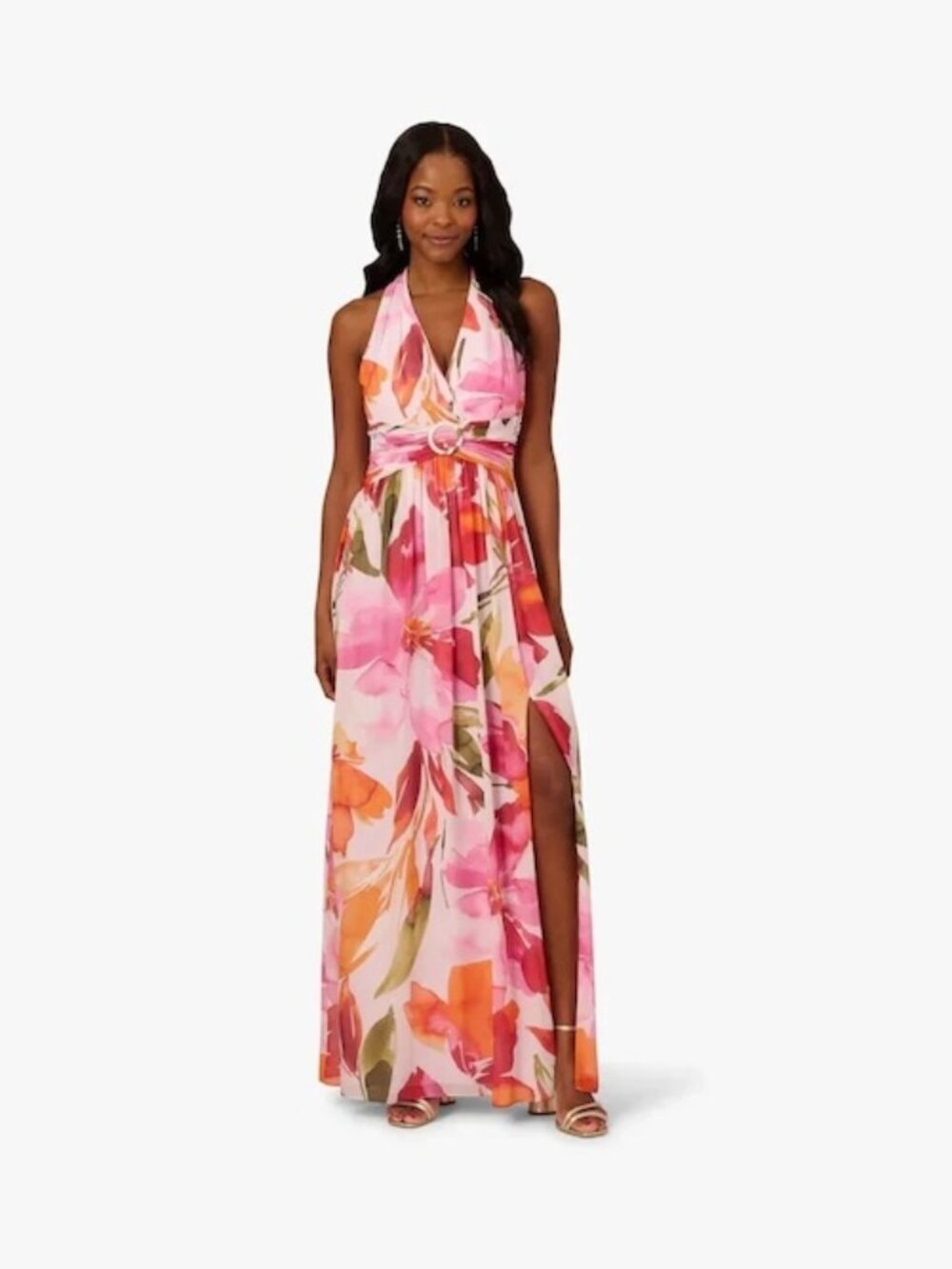 Adrianna Papell Pink Orange Floral Chiffon Ring Gown